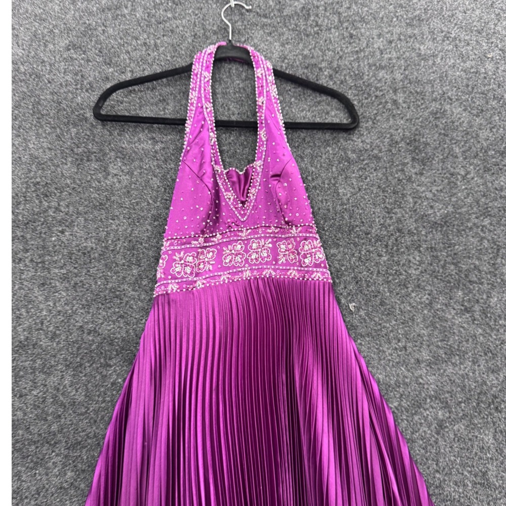 Modern Maids Purple Beaded Halter Pleated Formal Gown Dress Magenta Prom Gala